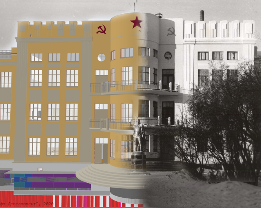 Слева - архитектурная и конструкторская части модели, справа - архивная фотография школы №1 им. Кирова