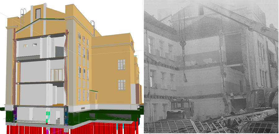 Справа - архивная фотография сноса школы №1, слева - аналогичный разрез в архитектурной модели
